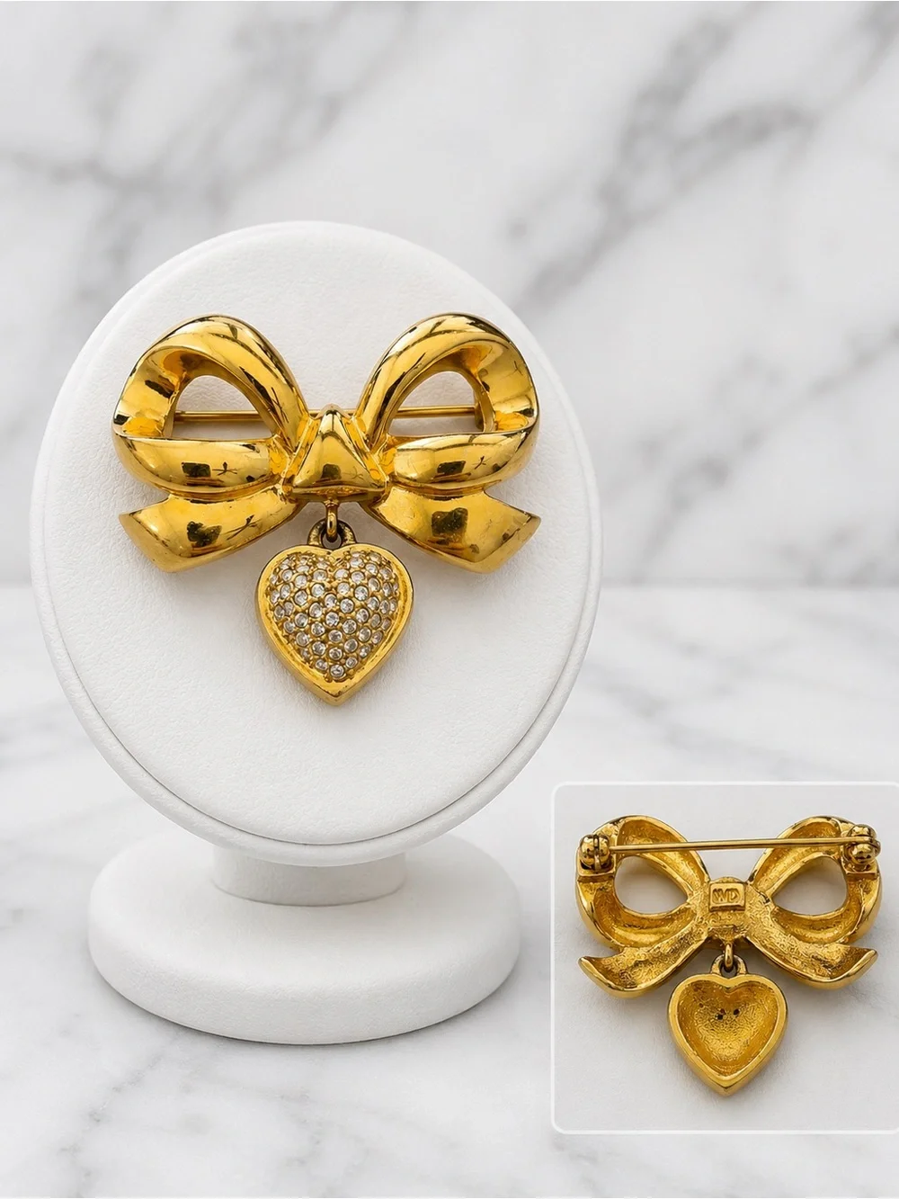 Vintage Whiting & Davis Gold Tone Bow Brooch | Rhinestone Heart Dangle